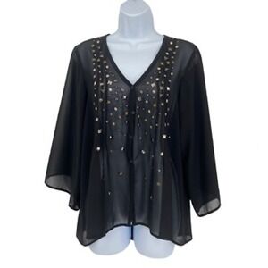 Nordstrom Petticoat Alley Black Sheer Embellished Goth‎ Button Down Shirt Medium